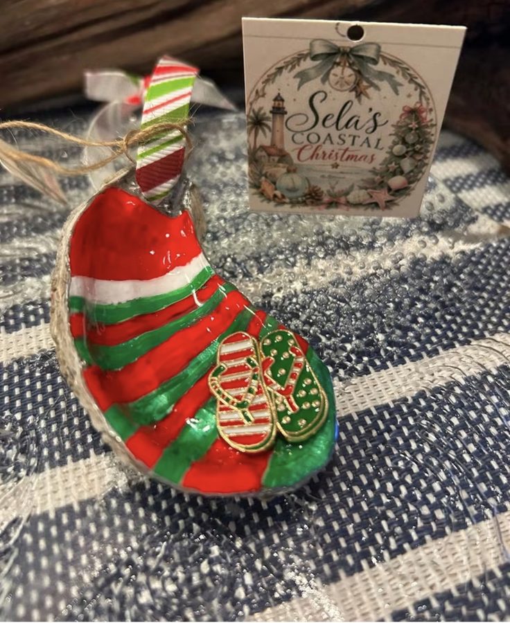 Geometric blue and orange oyster shell ornament